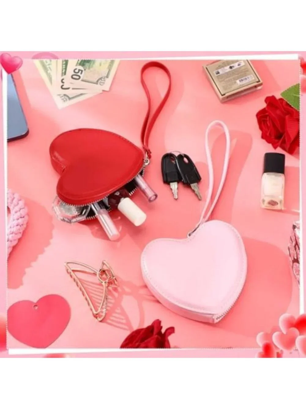 Heart Shaped Coin Purse Set, PU Leather Pouches in Pink & Red - Cute & Stylish!